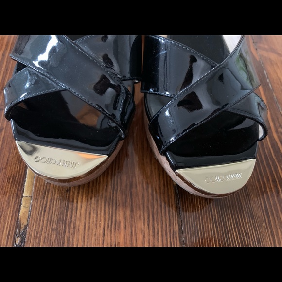 Jimmy Choo Black Patent Leather Cork Platform Slides - Picture 4 of 4